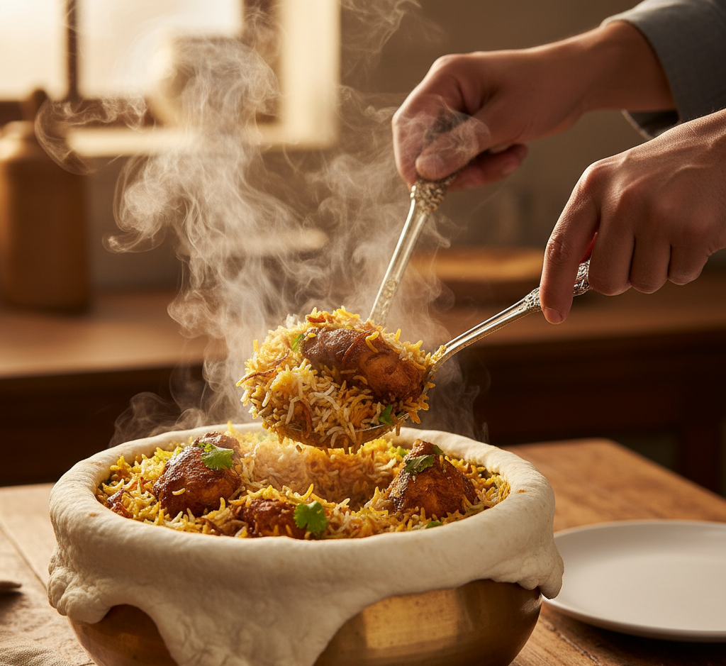 Serving biryani from pot