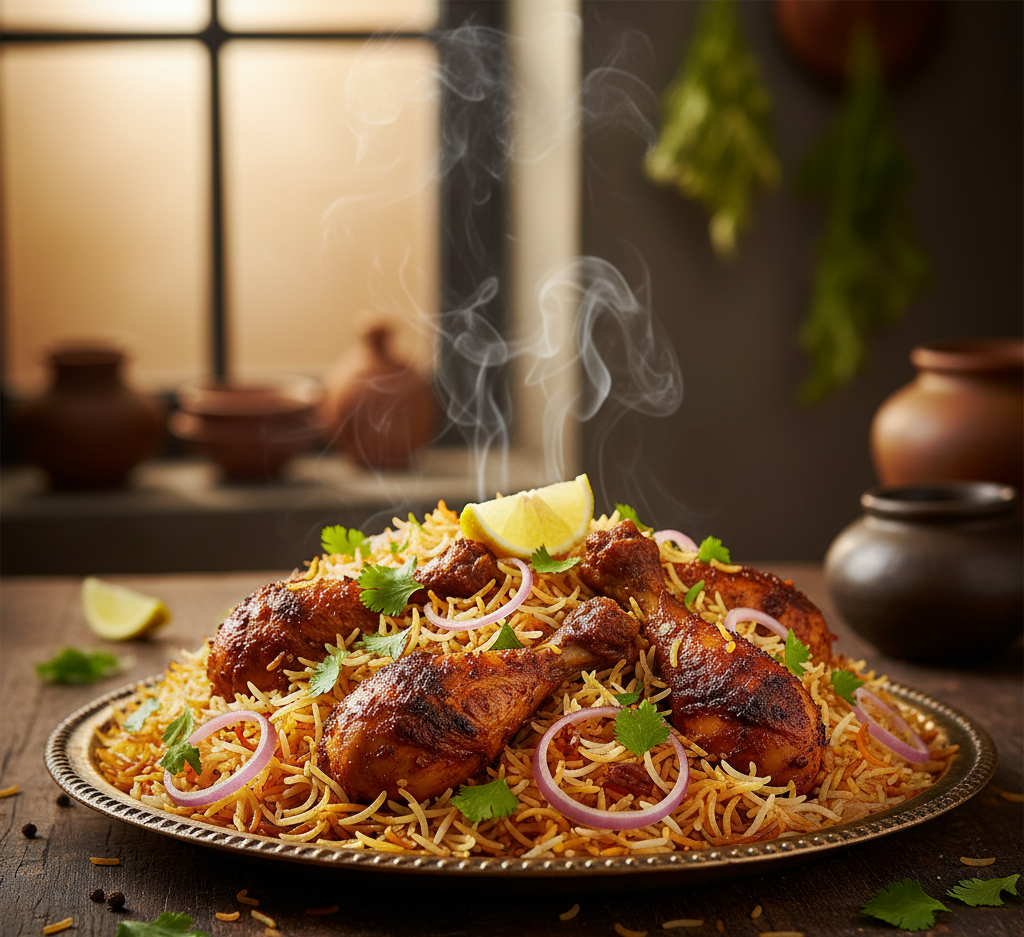 A vibrant, close-up shot of a well-garnished Kozhi Biryani with steam rising