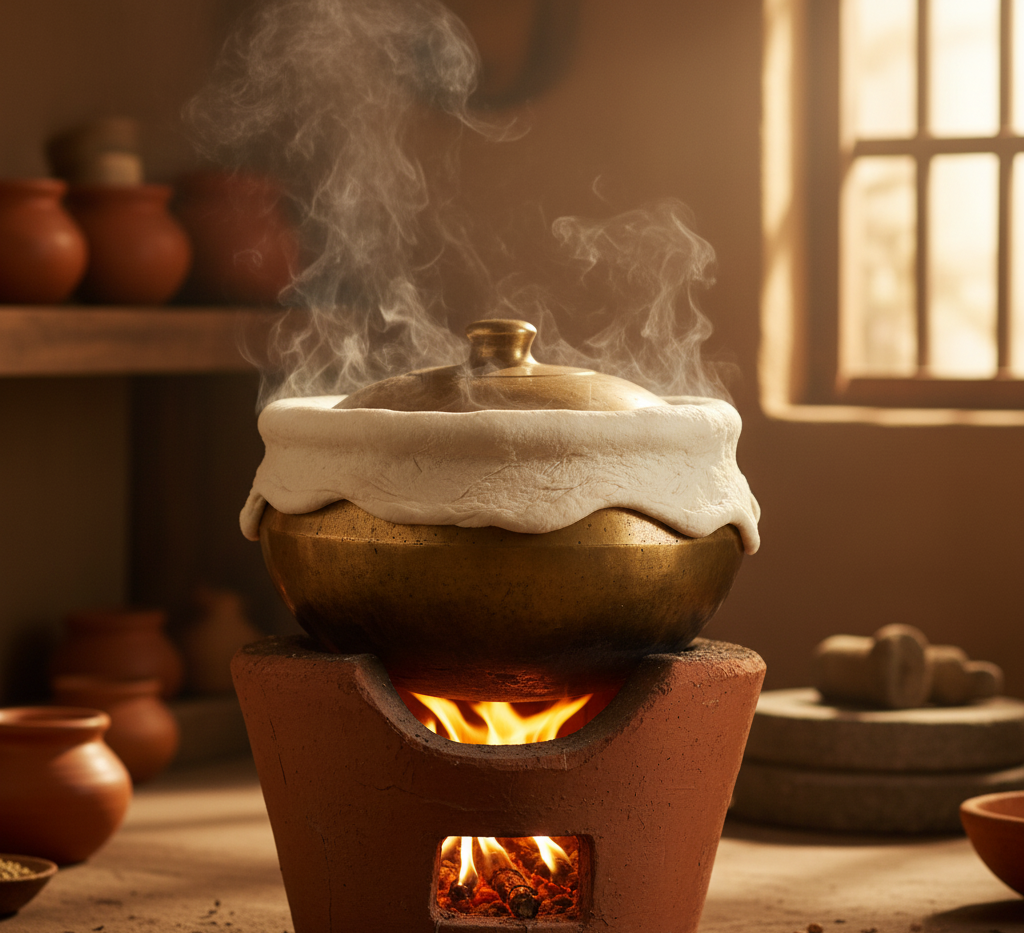 A traditional dum biryani pot being sealed